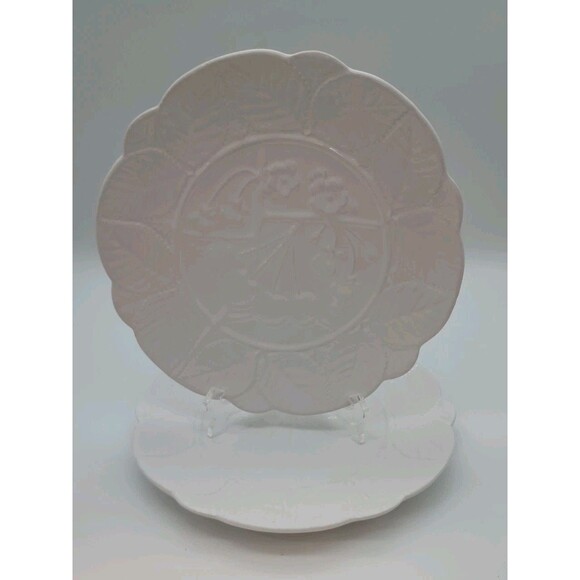 bordallo pinheiro plates Embossed Cherry Leaves Portugal White Majolica Set 2 - Picture 1 of 6